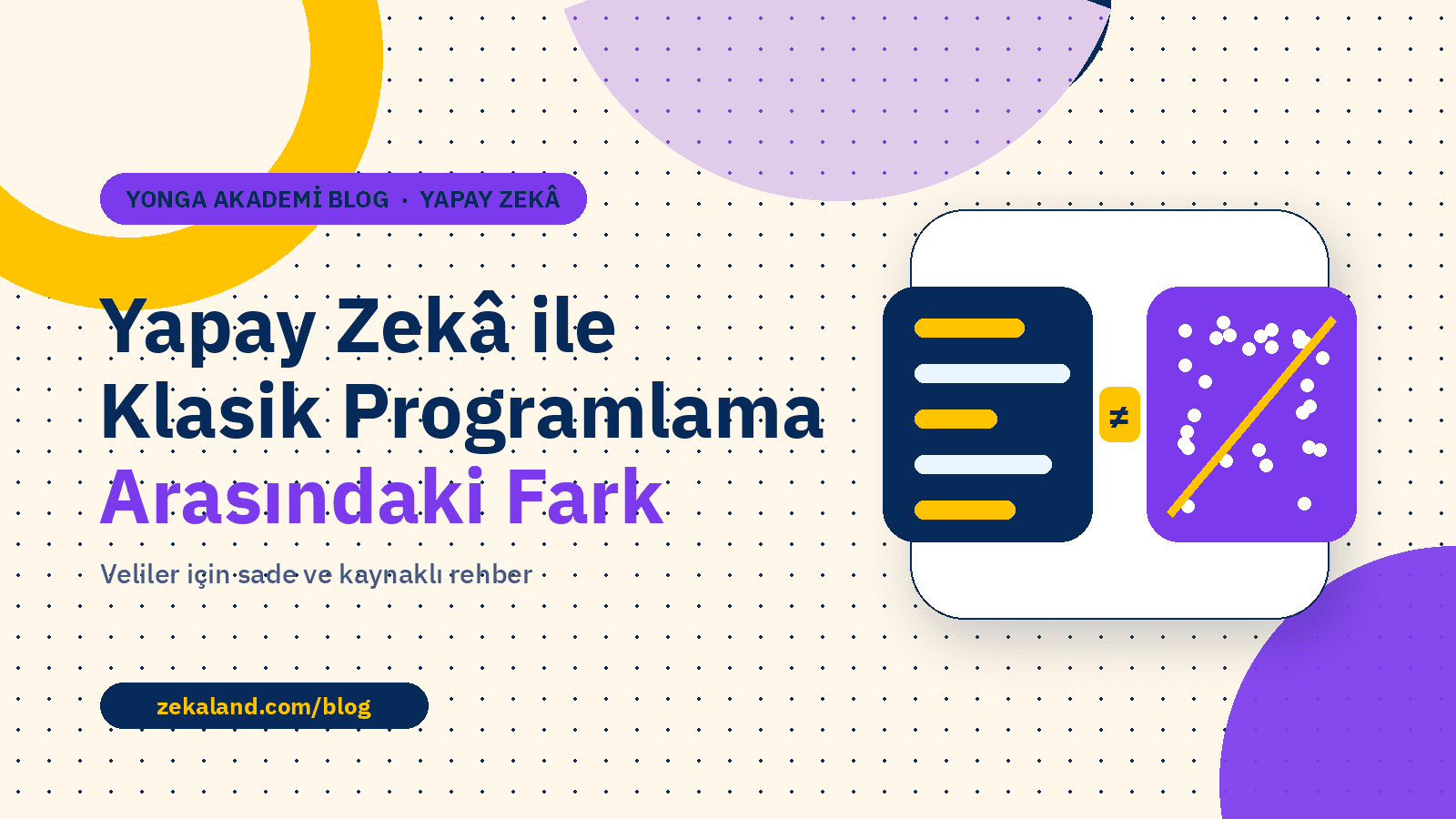 Yapay Zekâ ile Klasik Programlama Arasındaki Fark başlıklı blog kapağı; solda kural satırları, sağda veri noktaları