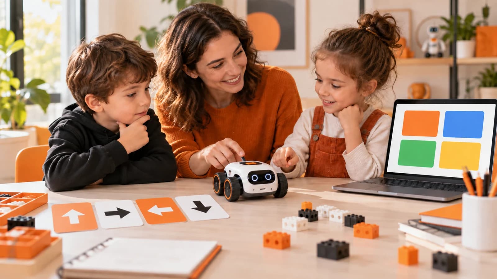 Bir yetişkinle birlikte ok kartlarını, tekerlekli robotu ve renkli blok ekranını keşfeden iki çocuğun temsili eğitim sahnesi.