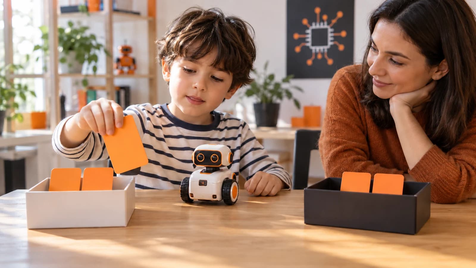 Çocuk iki kutu arasına turuncu kart aktarırken yetişkin onu izliyor; beş kart ve küçük tekerlekli robot masada görünüyor.