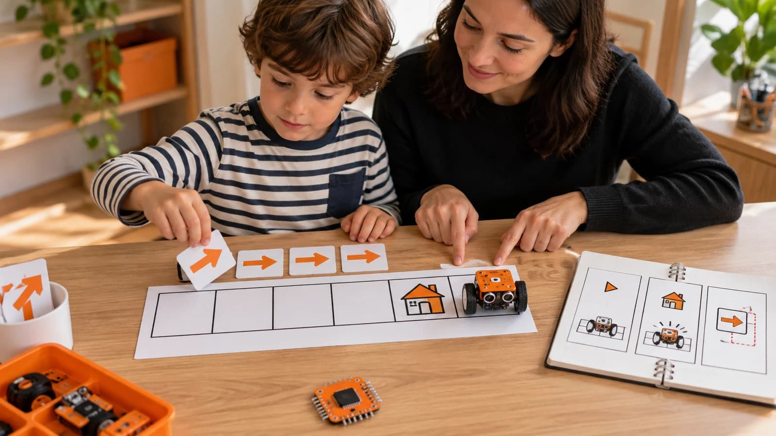 Çocuk robotun ev hedefini bir kare geçtiği kâğıt yolunda fazladan ok kartını kaldırırken yetişkin iki konumu gösteriyor.