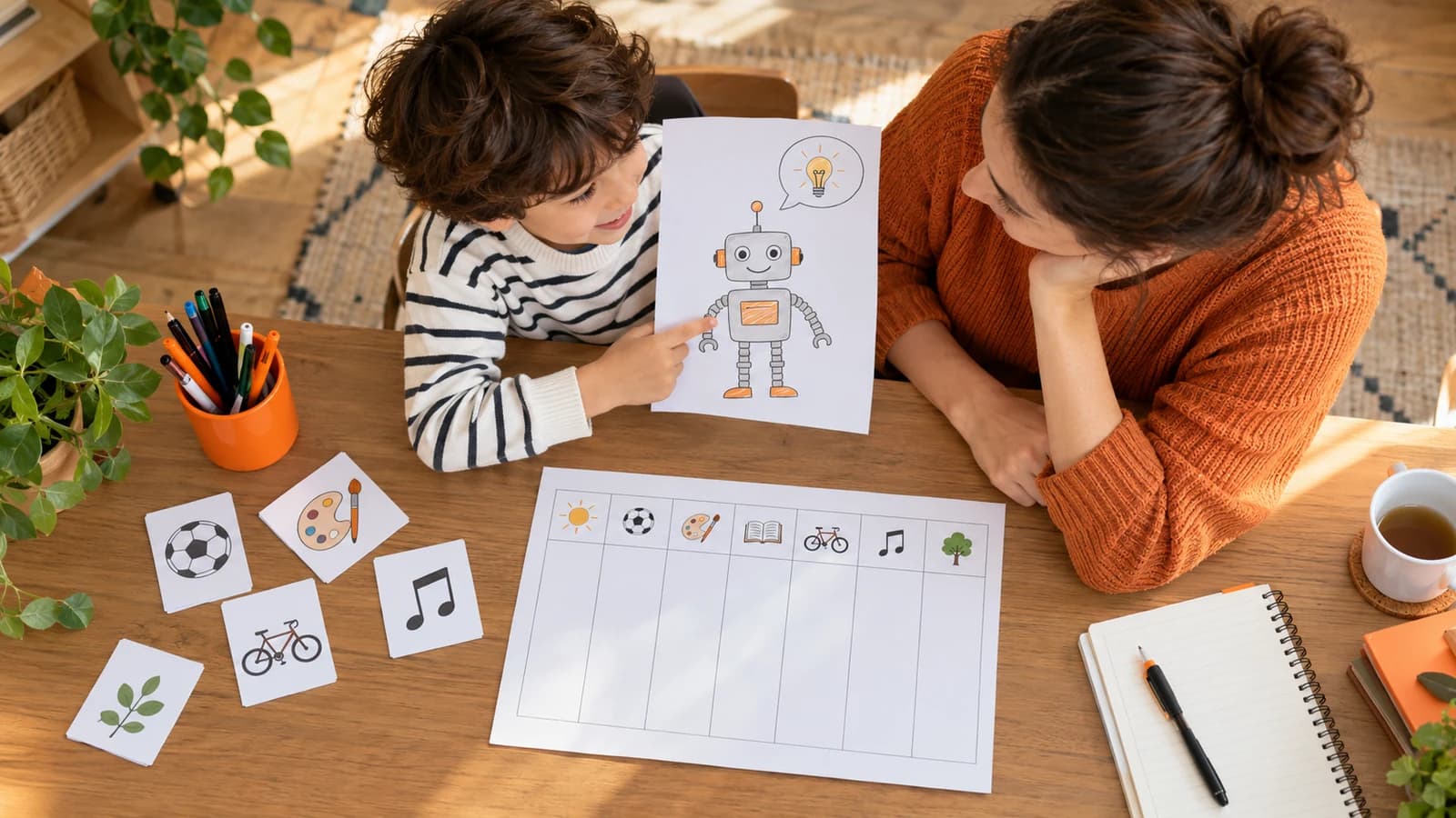 Evde bir çocuk robot çizimini velisine gösteriyor; masada etkinlik resim kartları ve yazısız haftalık plan tablosu yer alıyor.