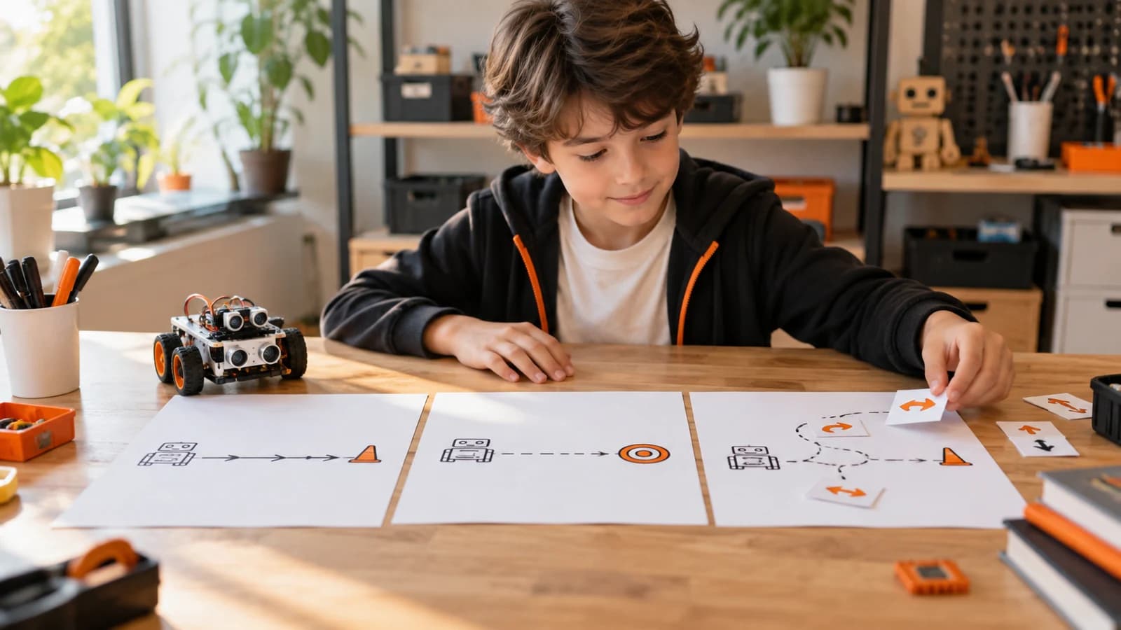 Çocuk aynı robot projesinin hareket, hedef ve değişen rota çizimlerini inceleyip yeni rotaya bir ok kartı ekliyor.
