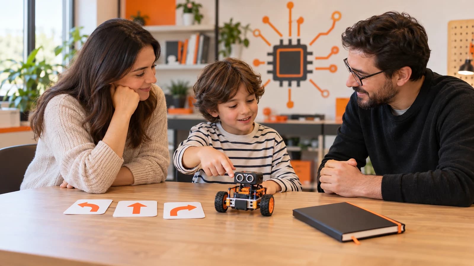 Yön kartları, robot ve kodlama defteri üzerinden ilgisini iki yetişkine anlatan çocuk.