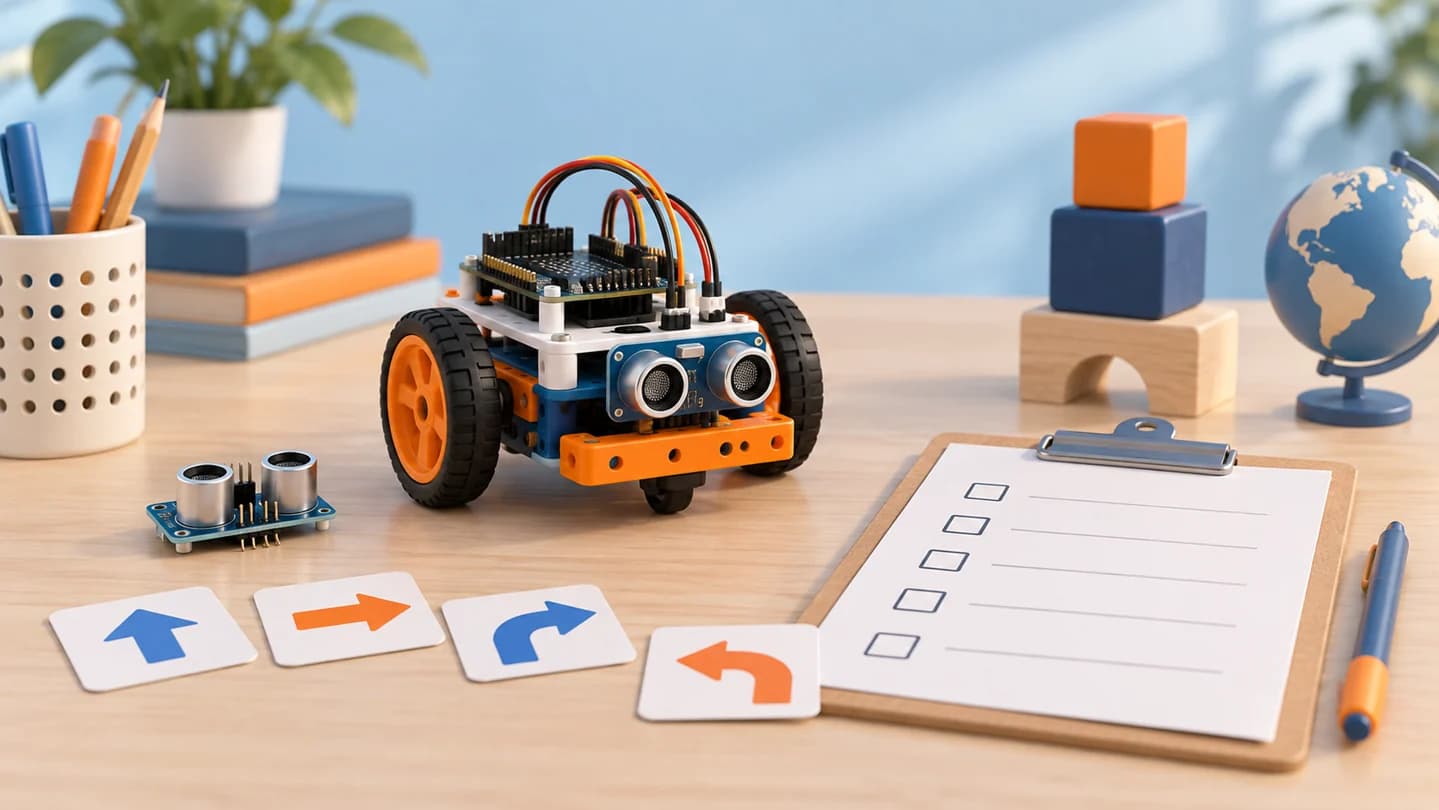 Sensörlü bir eğitim robotu, komut kartları ve boş kontrol listesi içeren temsili çizim