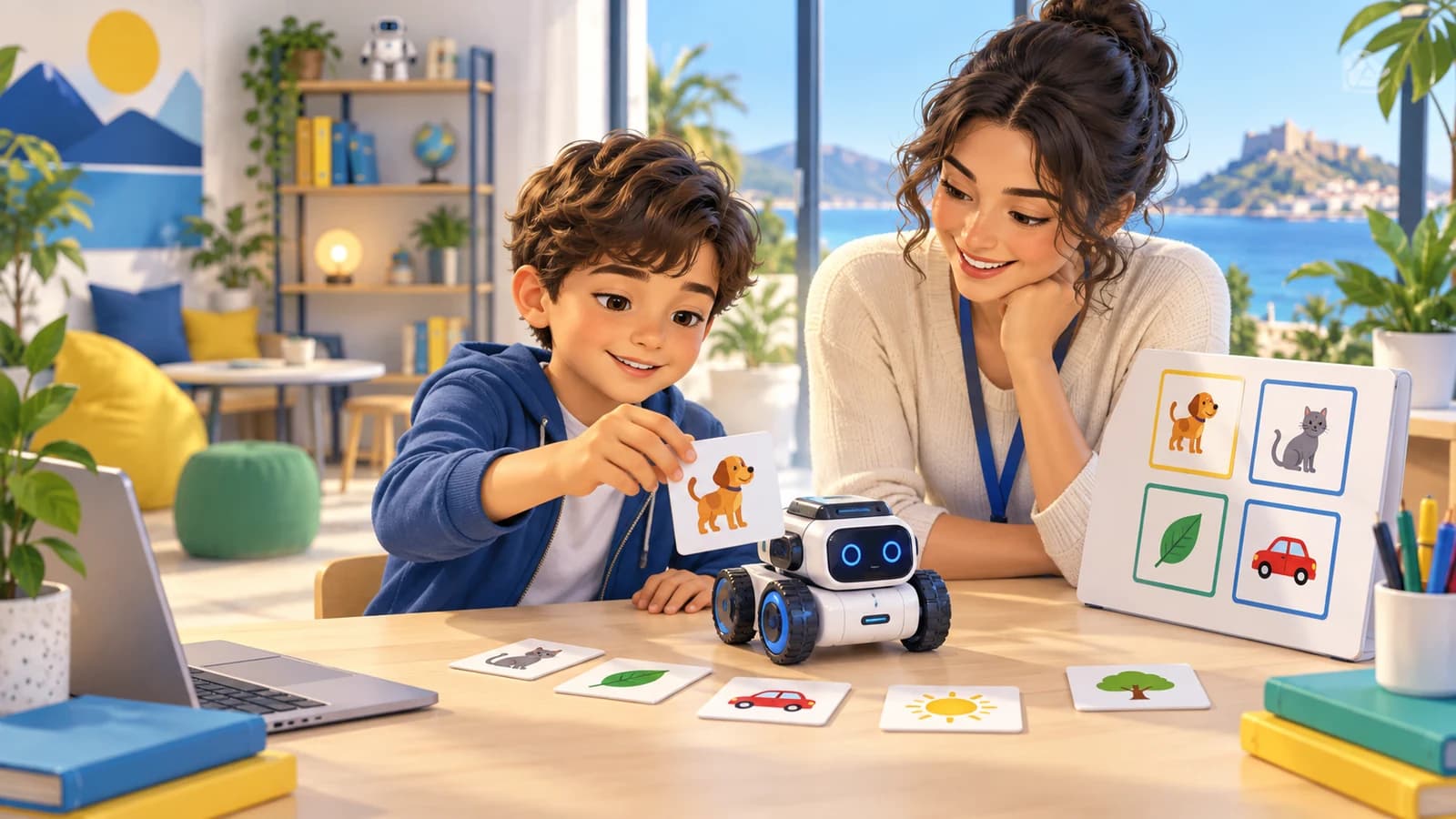 Bir çocuk ve eğitimcinin sınıflandırma kartlarıyla küçük bir eğitim robotunu denediği temsili çizim