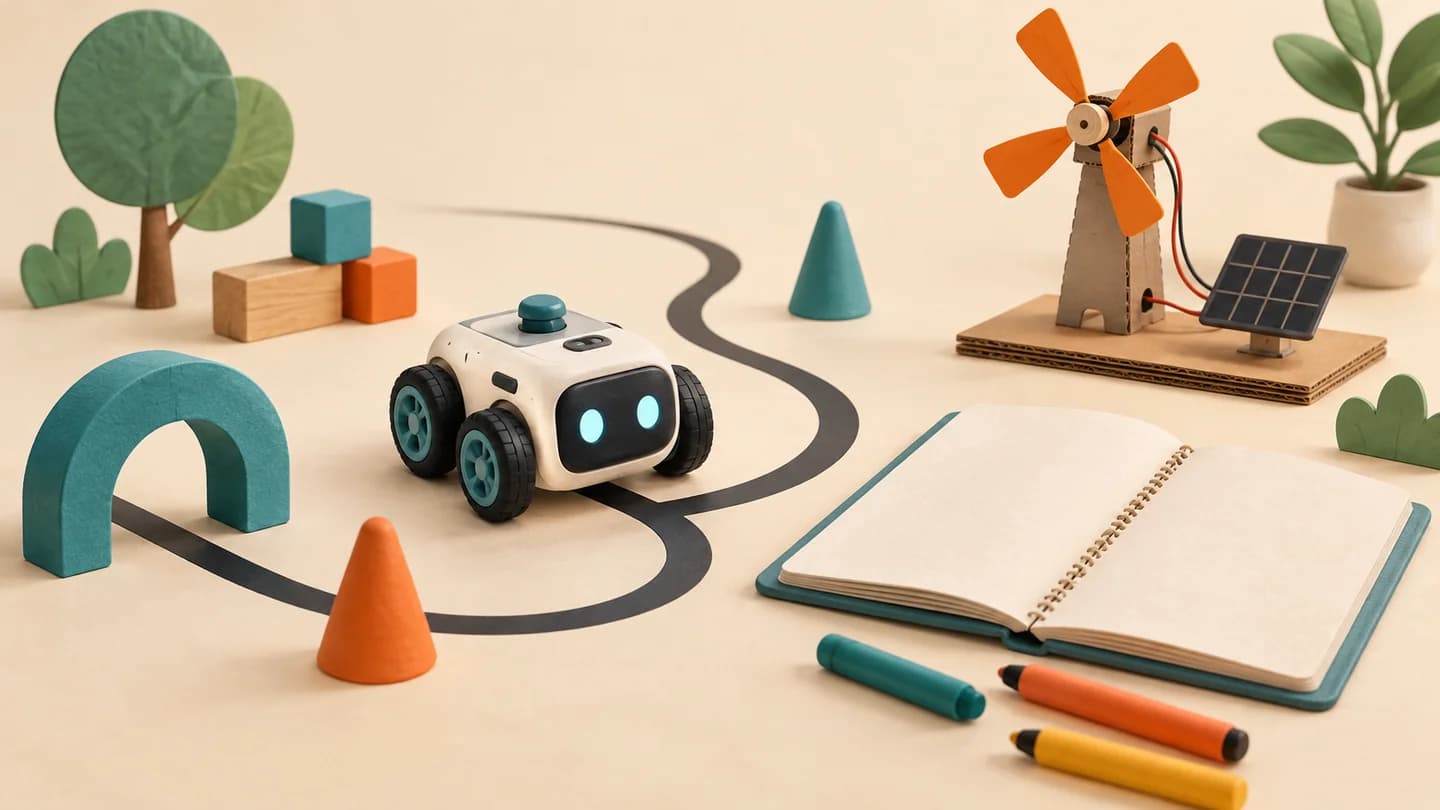 Parkurdaki robot ve boş proje defteriyle deneme sürecinin temsili çizimi
