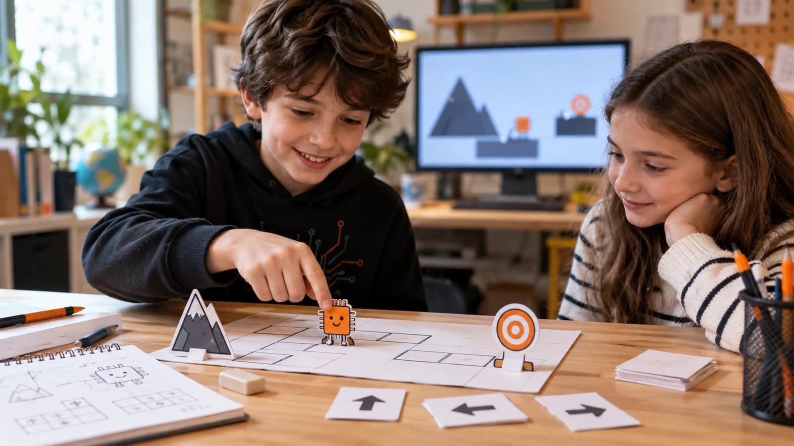 İki çocuk turuncu mikroçip karakterli kâğıt oyunu test ediyor; arkadaki ekranda aynı oyunun sade geometrik prototipi görünüyor.