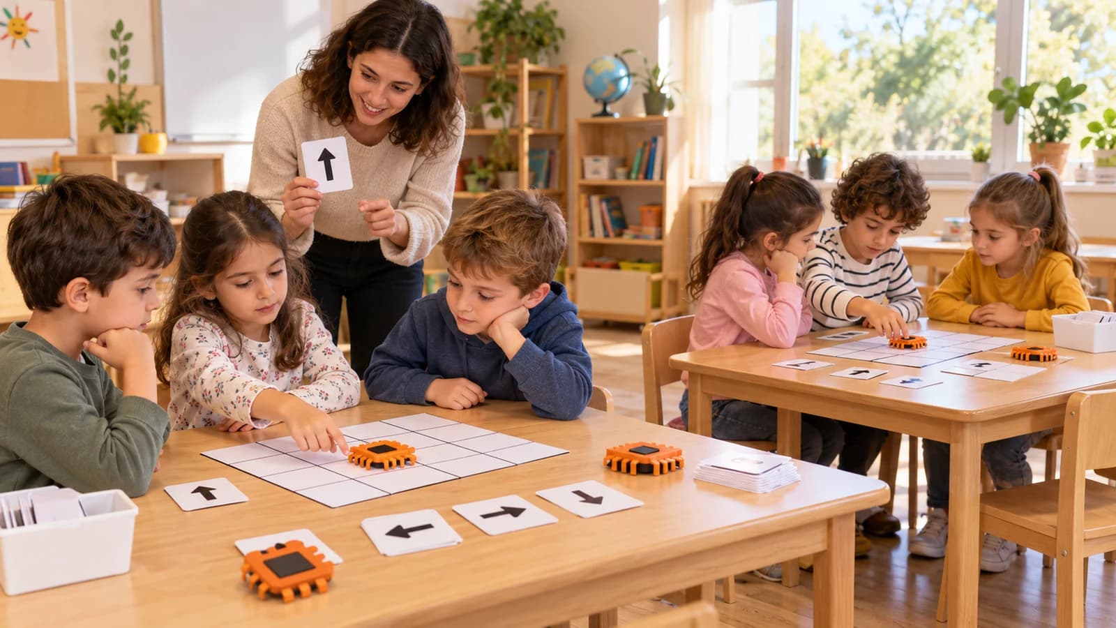 İki küçük çocuk grubunun yetişkinin gösterdiği ok kartıyla masa üstü ekransız rota etkinliği yaptığı temsili sınıf sahnesi.