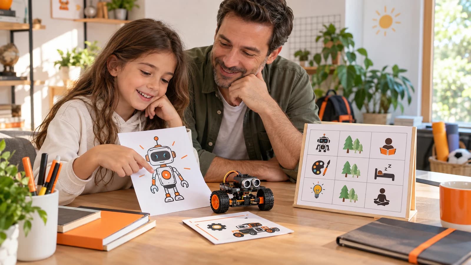 Baba ve çocuğun robot karakteri, proje kartı ve çalışma ile dinlenme simgelerinden oluşan günlük planı incelediği temsili sahne.