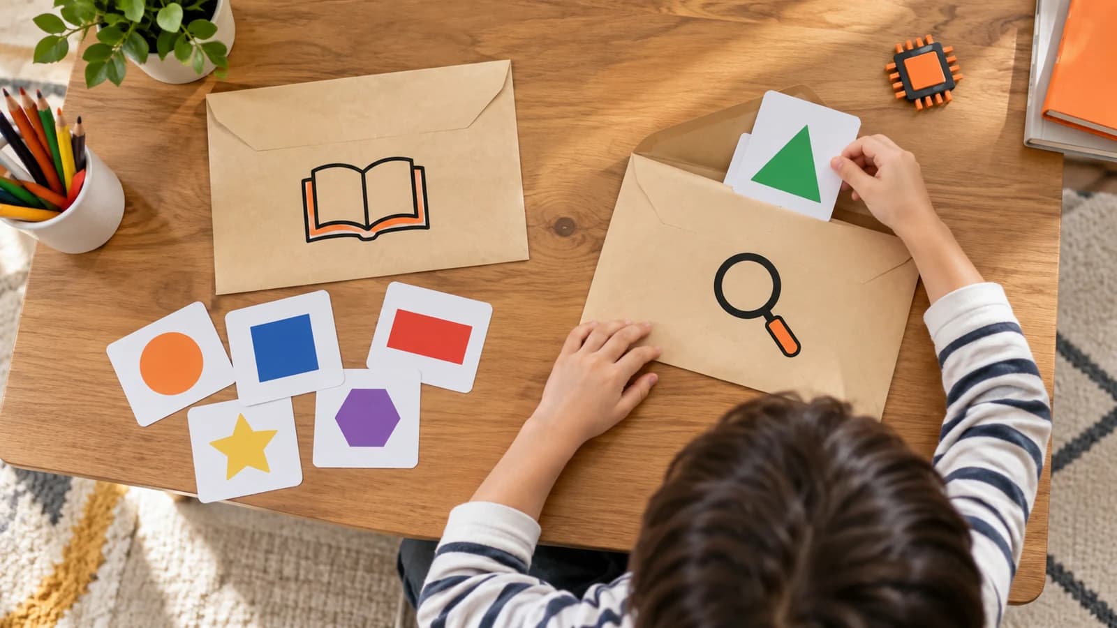 Çocuğun kitap simgeli örnek zarfından ayrı, büyüteç simgeli test zarfından yeni yeşil üçgen kartını çıkardığı temsili etkinlik.
