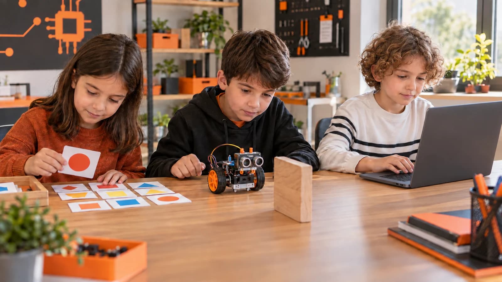 Şekil kartlarını sınıflandıran, engel algılayan robotu inceleyen ve kendisine dönük dizüstünde çalışan üç çocuğun temsili atölye sahnesi.