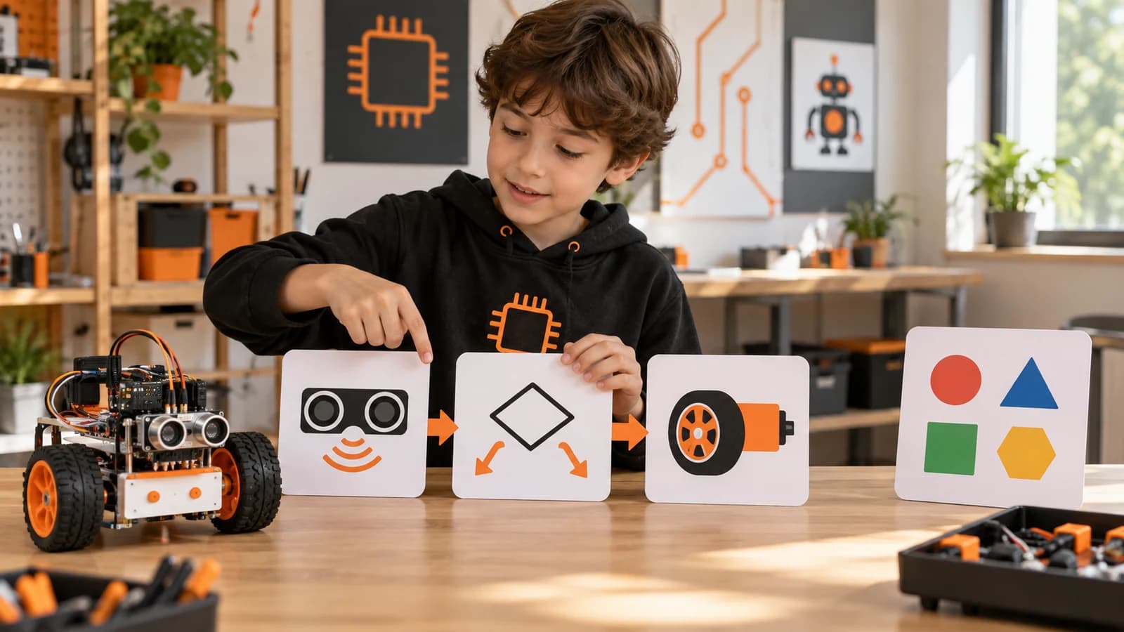 Öğrencinin küçük robot yanında sensör, koşul ve motor kartlarını açıkladığı, sınıflama kartının ayrı durduğu temsili teknik etkinlik.