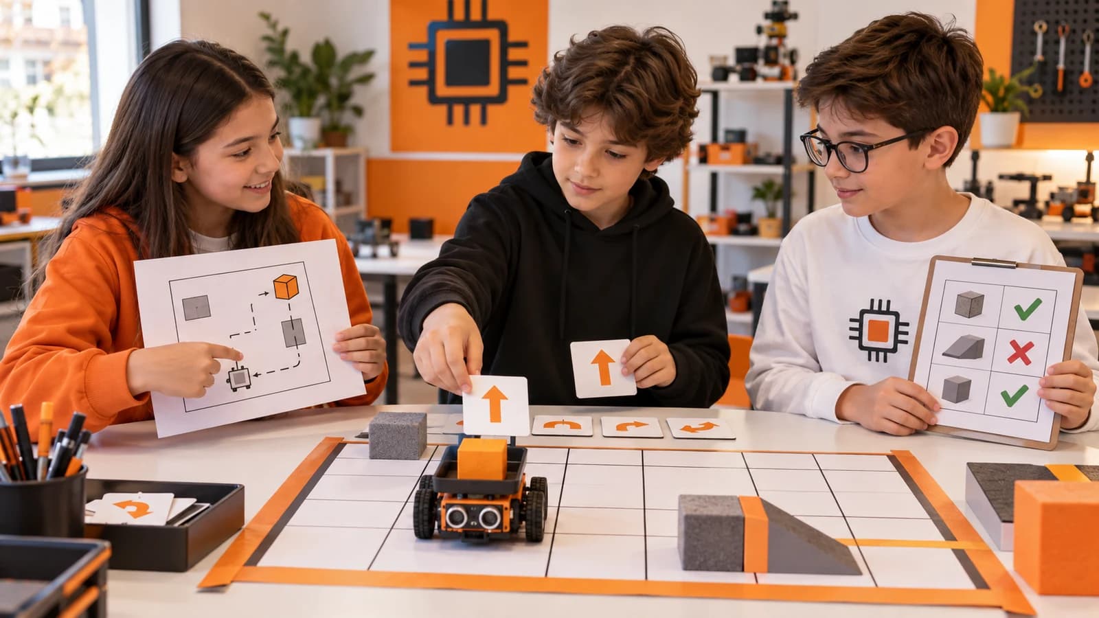 Robotun taşıma alanı çizimini, hareket kartlarını ve test kaydını birlikte gösteren üç öğrenci.