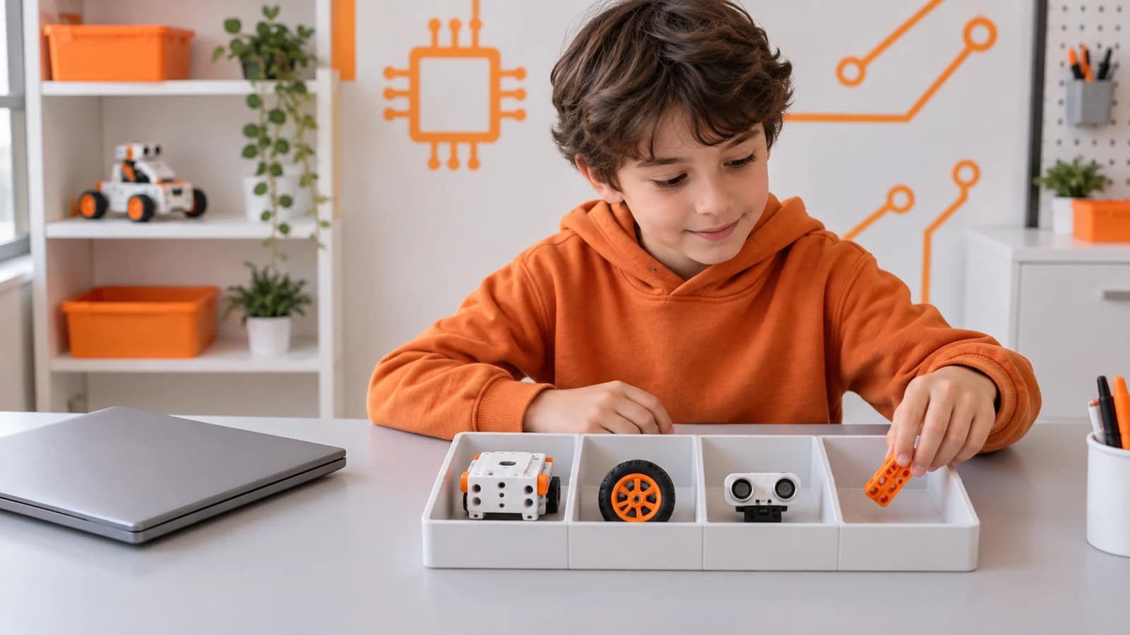 Robot gövdesi, tekerlek ve sensörün ardından sıranın sonuna bağlantı parçası ekleyen öğrenci.