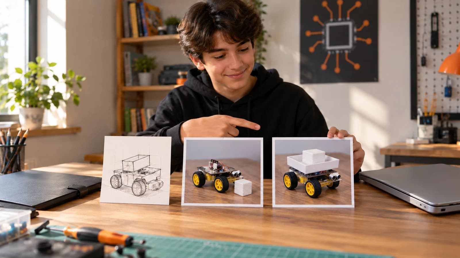 Robot projesinin çizimini, ilk denemesini ve düzeltilmiş yük taşıma düzenini üç kartta gösteren genç öğrenci.