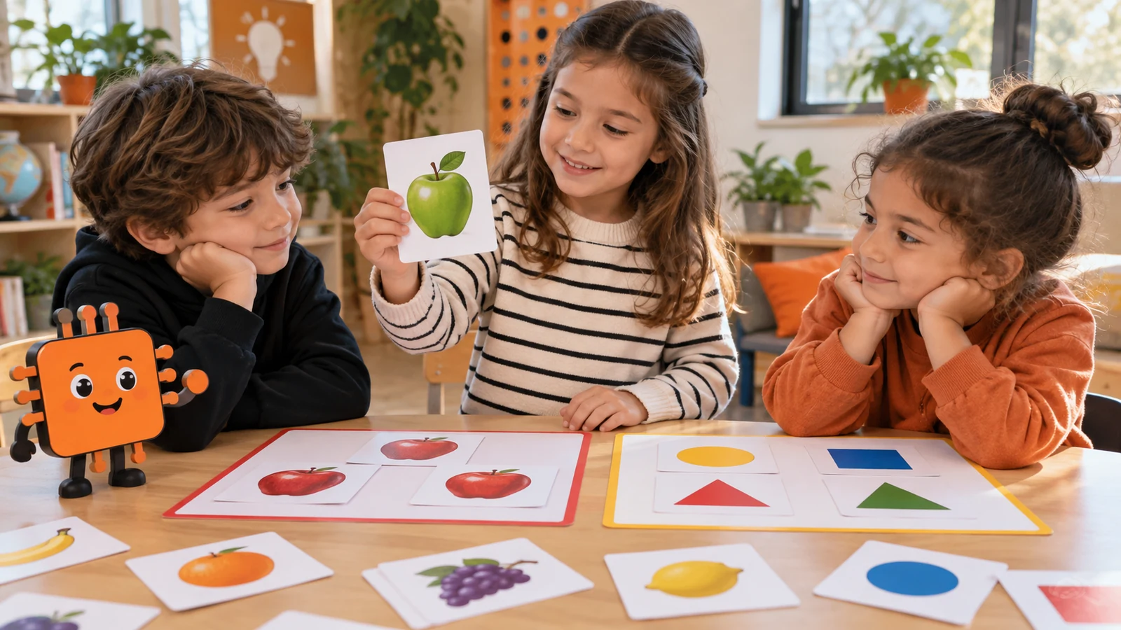 Üç çocuk ekransız sınıflandırma oyununda yeşil elma kartını kırmızı elma örnekleri ve geometrik şekillerle karşılaştırıyor.
