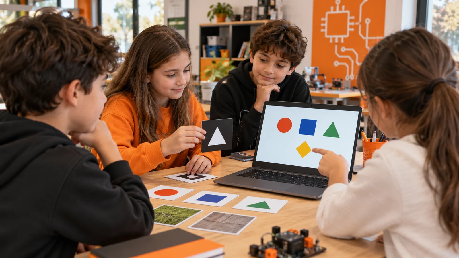 Çocuklar geometrik nesne ve farklı arka plan kartlarını, ekrandaki üç nesne sınıfı ve yeni test şekliyle karşılaştırıyor.