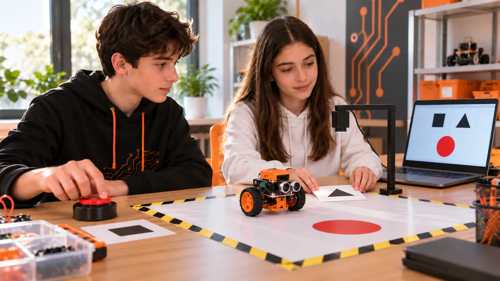 Üçgen kartı yukarıdan bakan kamerayla test ederken robotun dur düğmesini kontrol eden iki öğrencinin temsili atölye sahnesi.