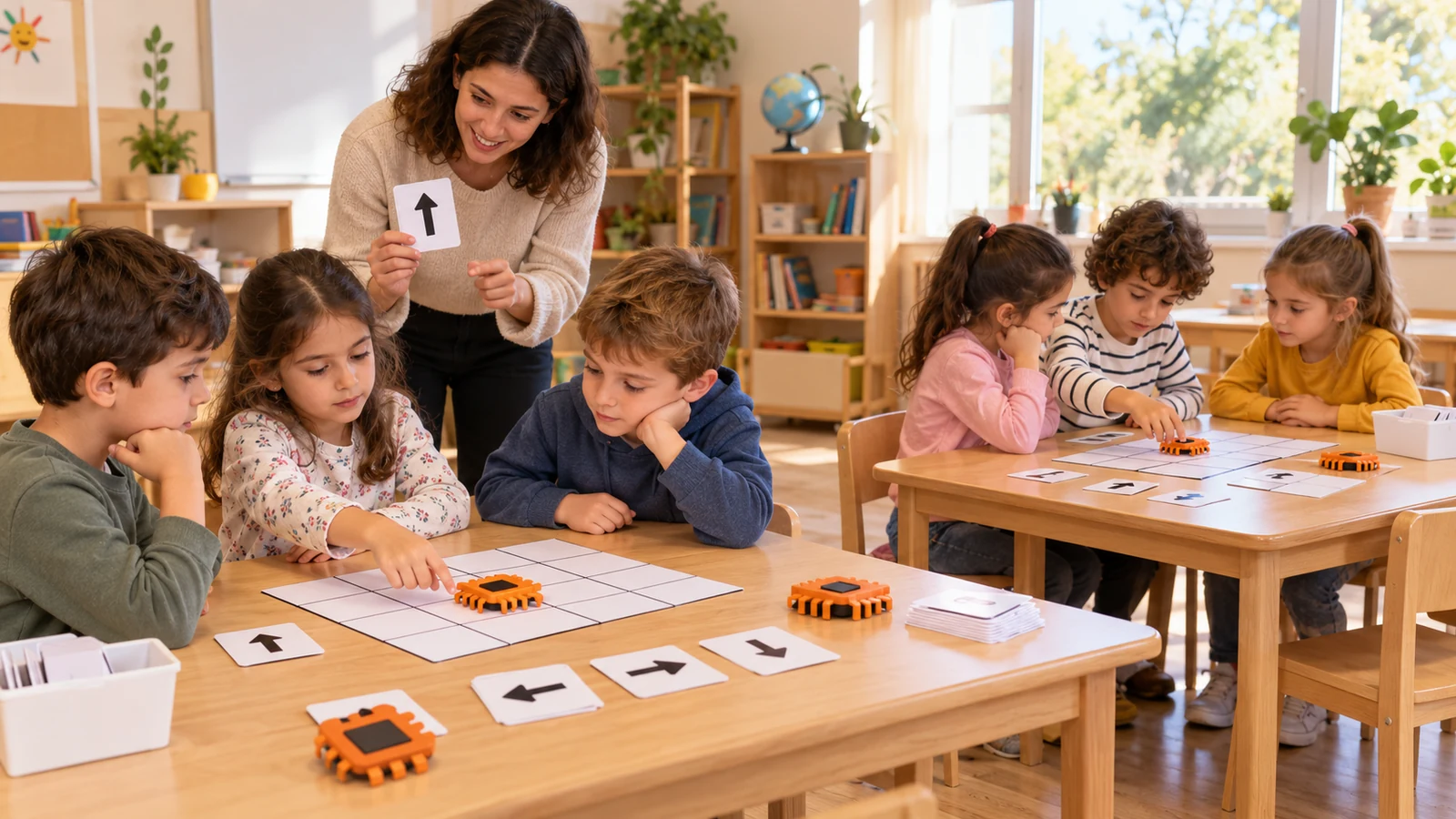 İki küçük çocuk grubunun yetişkinin gösterdiği ok kartıyla masa üstü ekransız rota etkinliği yaptığı temsili sınıf sahnesi.