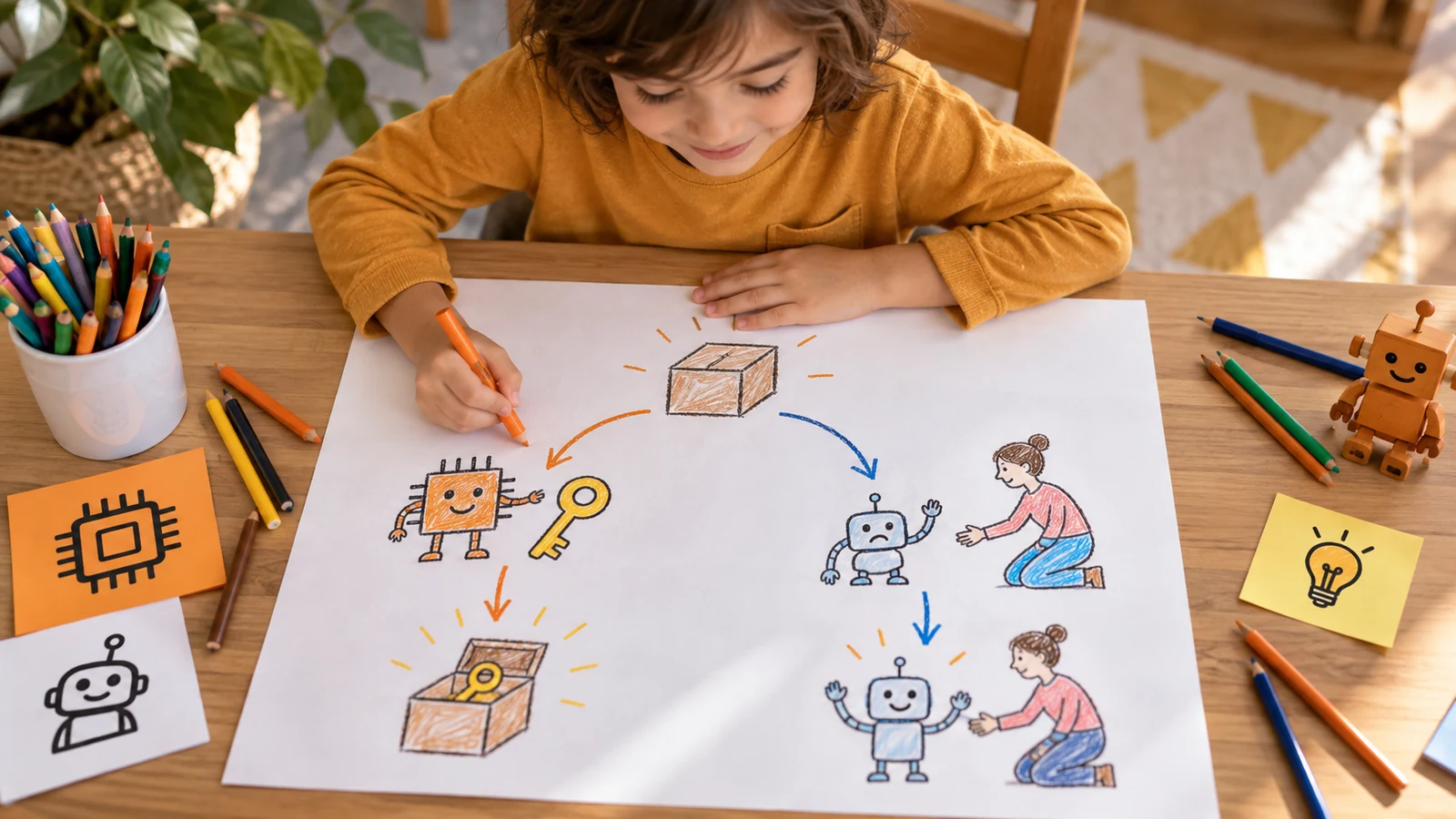 Çocuğun kapalı kutudan anahtar arama ve yardım isteme seçeneklerine ayrılan resimli robot hikâyesini çizdiği temsili sahne.