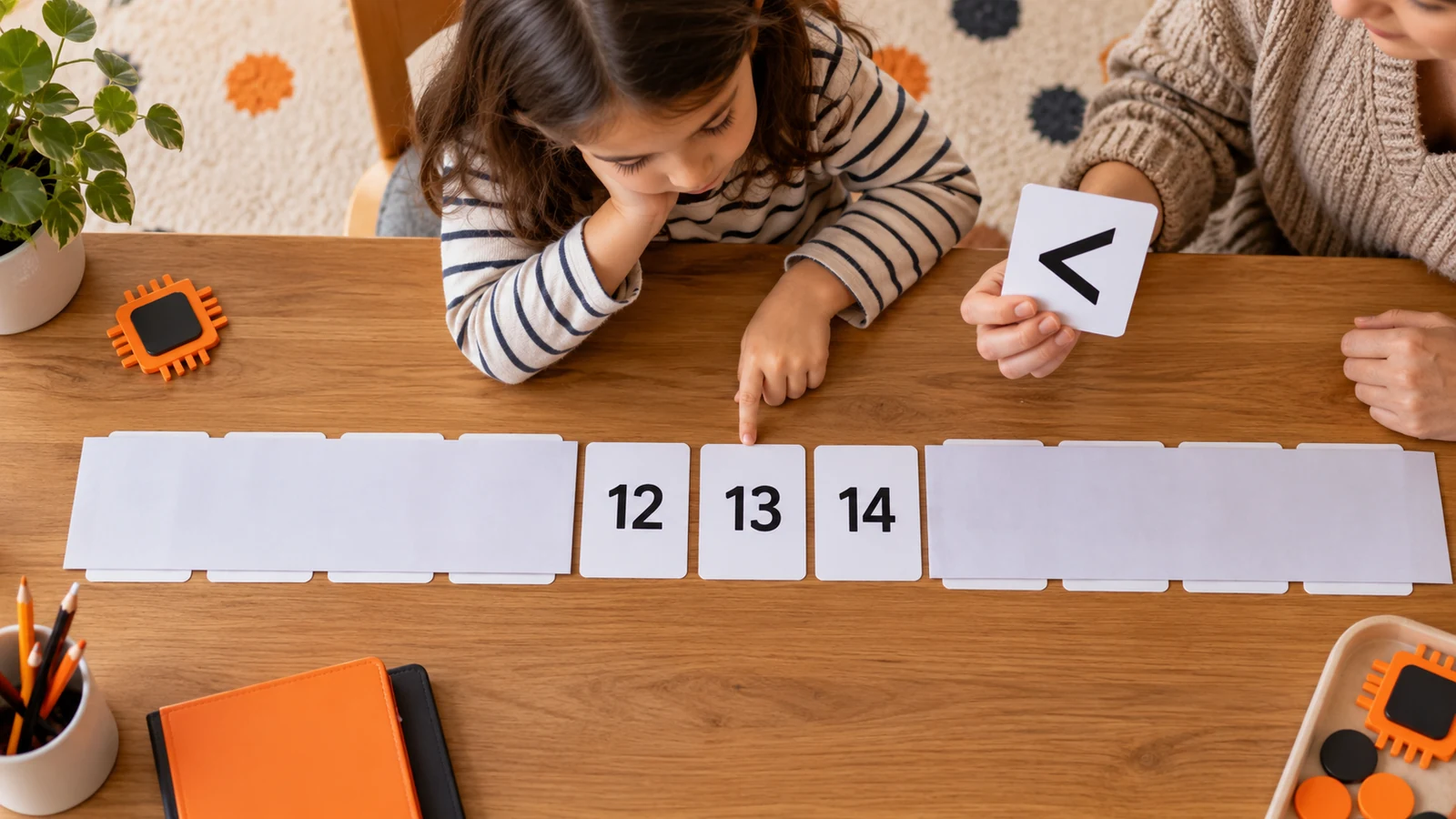 Çocuğun iki yanı kâğıtla kapatılmış sayı dizisinde 12, 13 ve 14 kartlarını yetişkinin karşılaştırma simgesiyle incelediği temsili arama oyunu.