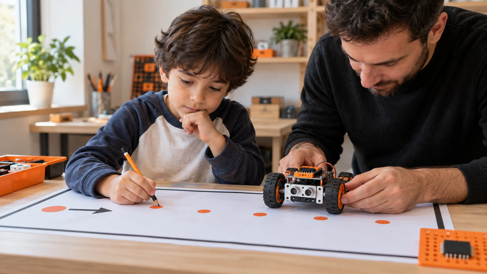 Öğrencinin robot test alanındaki noktaları kaydettiği ve yetişkinin duran robotun tekerleğini kontrol ettiği temsili çalışma.