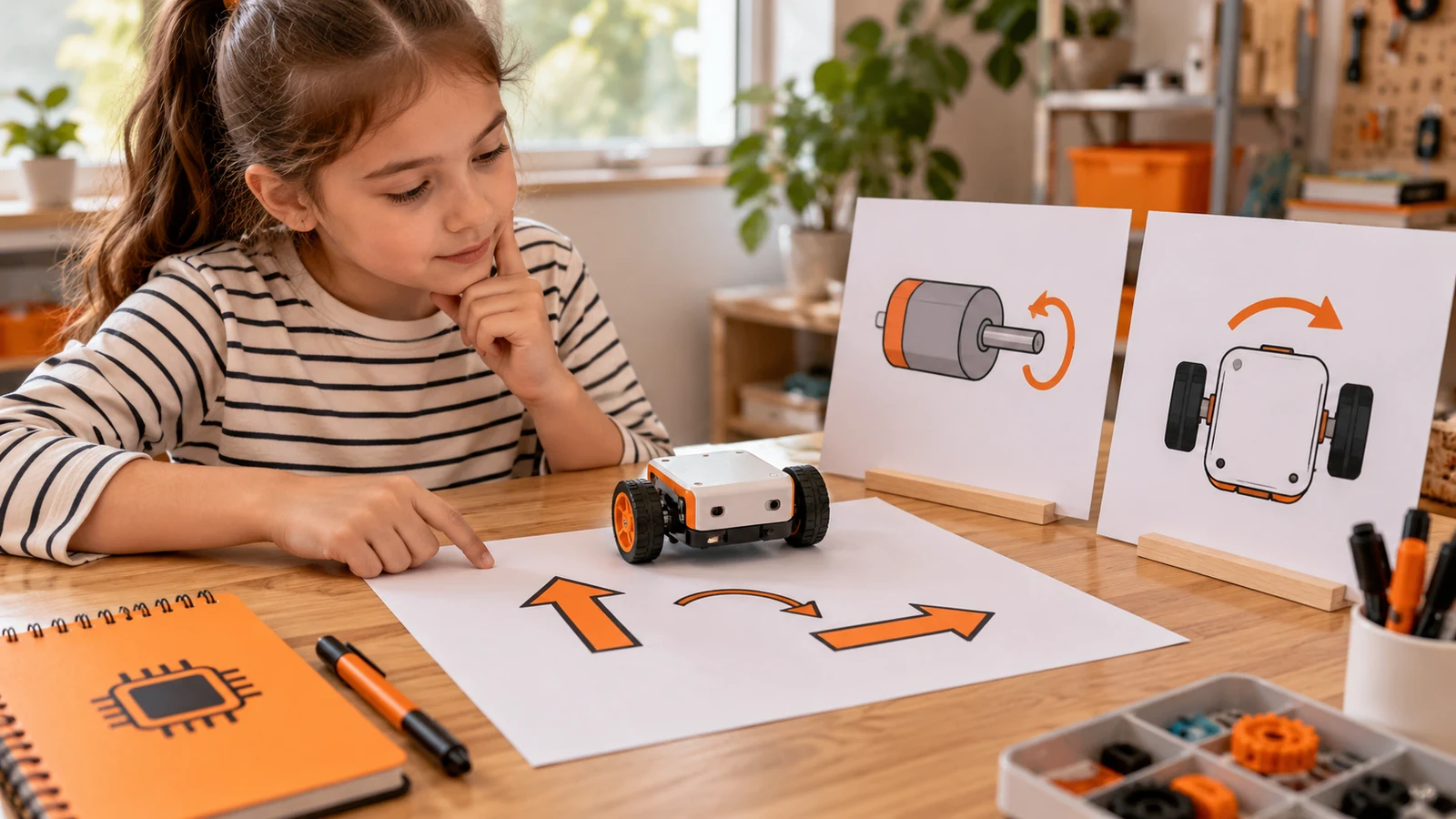 Öğrencinin küçük robotun başlangıç ve bitiş yönlerini, ayrı motor mili ve gövde çizimleriyle karşılaştırdığı temsili dönüş testi.
