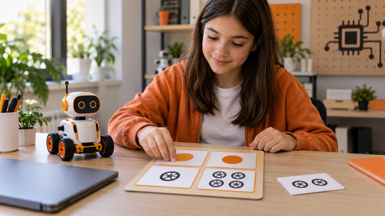 Robotun renk ve tekerlek özelliklerini simge kartlarıyla düzenleyen genç öğrenci.