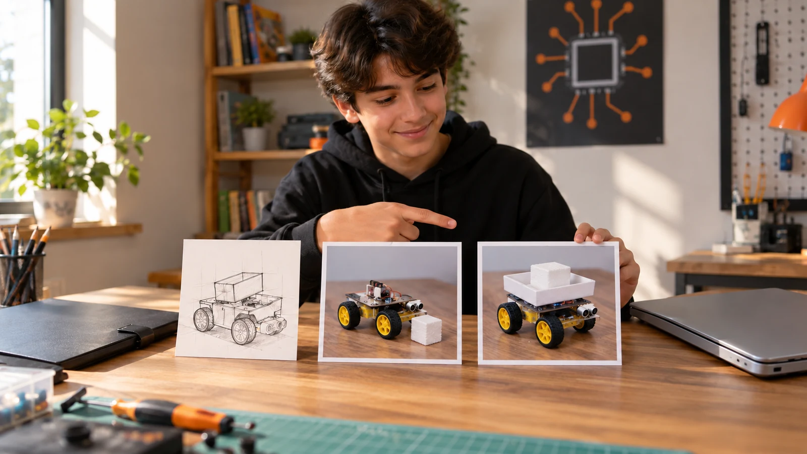 Robot projesinin çizimini, ilk denemesini ve düzeltilmiş yük taşıma düzenini üç kartta gösteren genç öğrenci.
